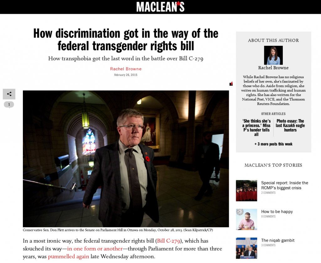"How discrimination got in the way of the federal transgender rights bill: How transphobia got the last word in the battle over Bill C-279" reads Maclean's article.