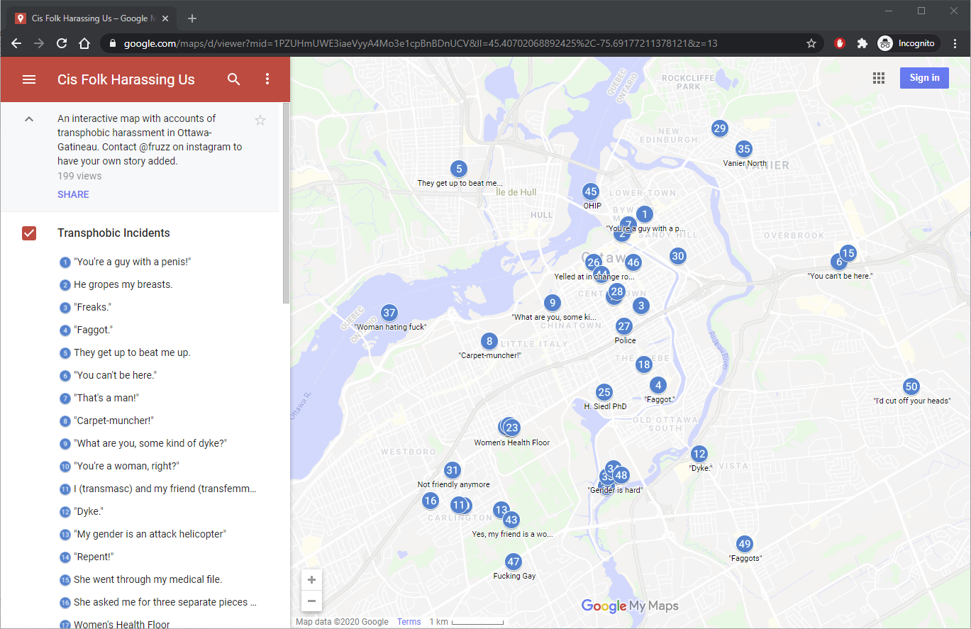 Map of transphobic harassment in Ottawa-Gatineau